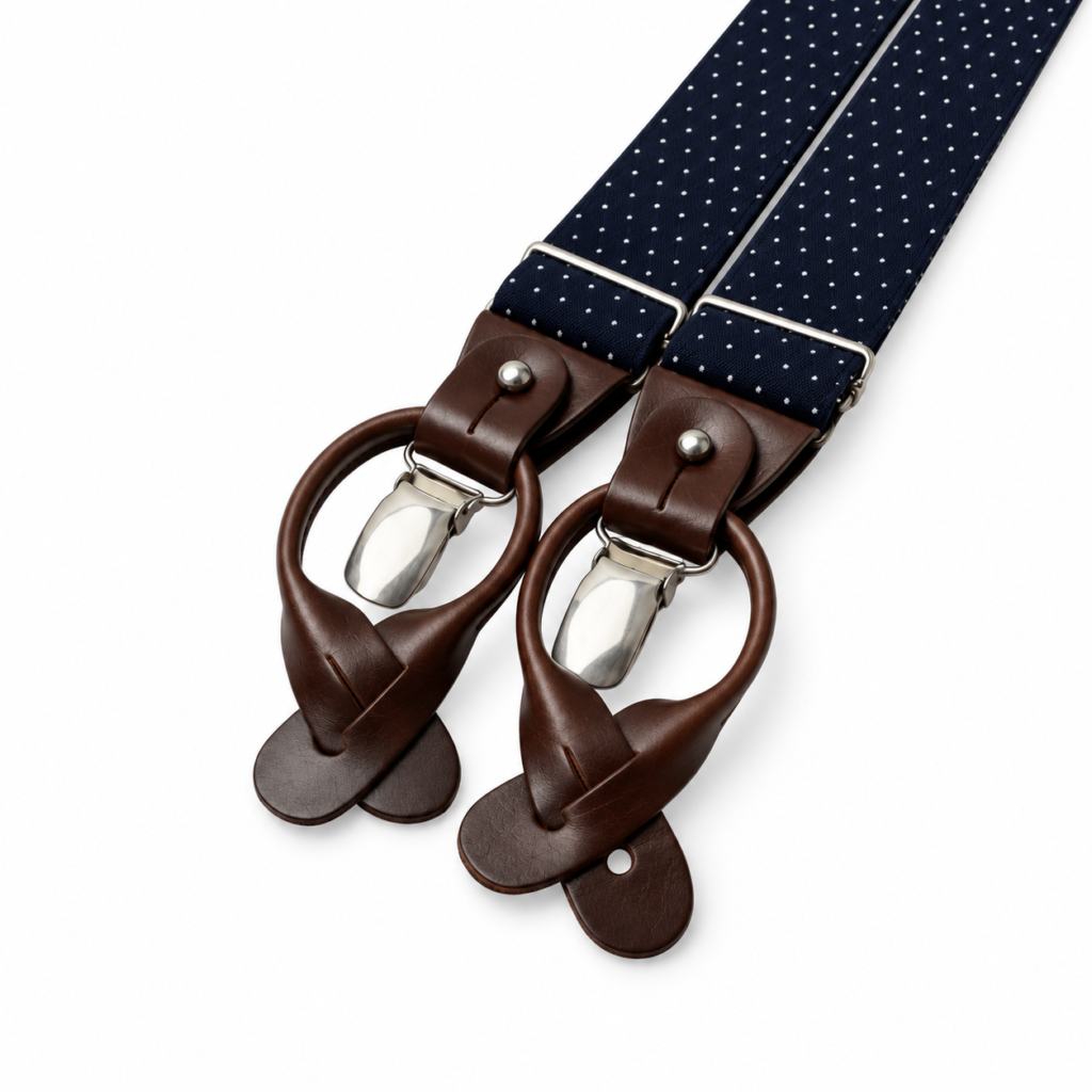 Tirantes azul marino de lunares blancos para hombre con pinzas plateadas y ojales de piel marrón de doble uso