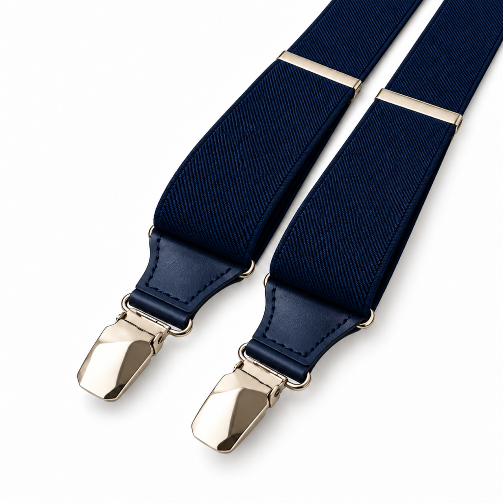 Tirantes azul marino lisos para hombre con pinzas metálicas plateadas y terminaciones en piel natural azul marino, confeccionados artesanalmente por Pajaritas con Jota.