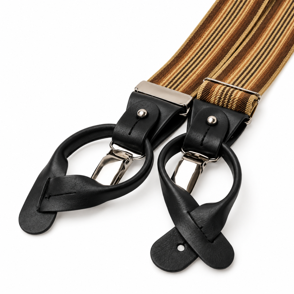 Tirantes de rayas marrones y beige para hombre con piel negra y sistema doble uso