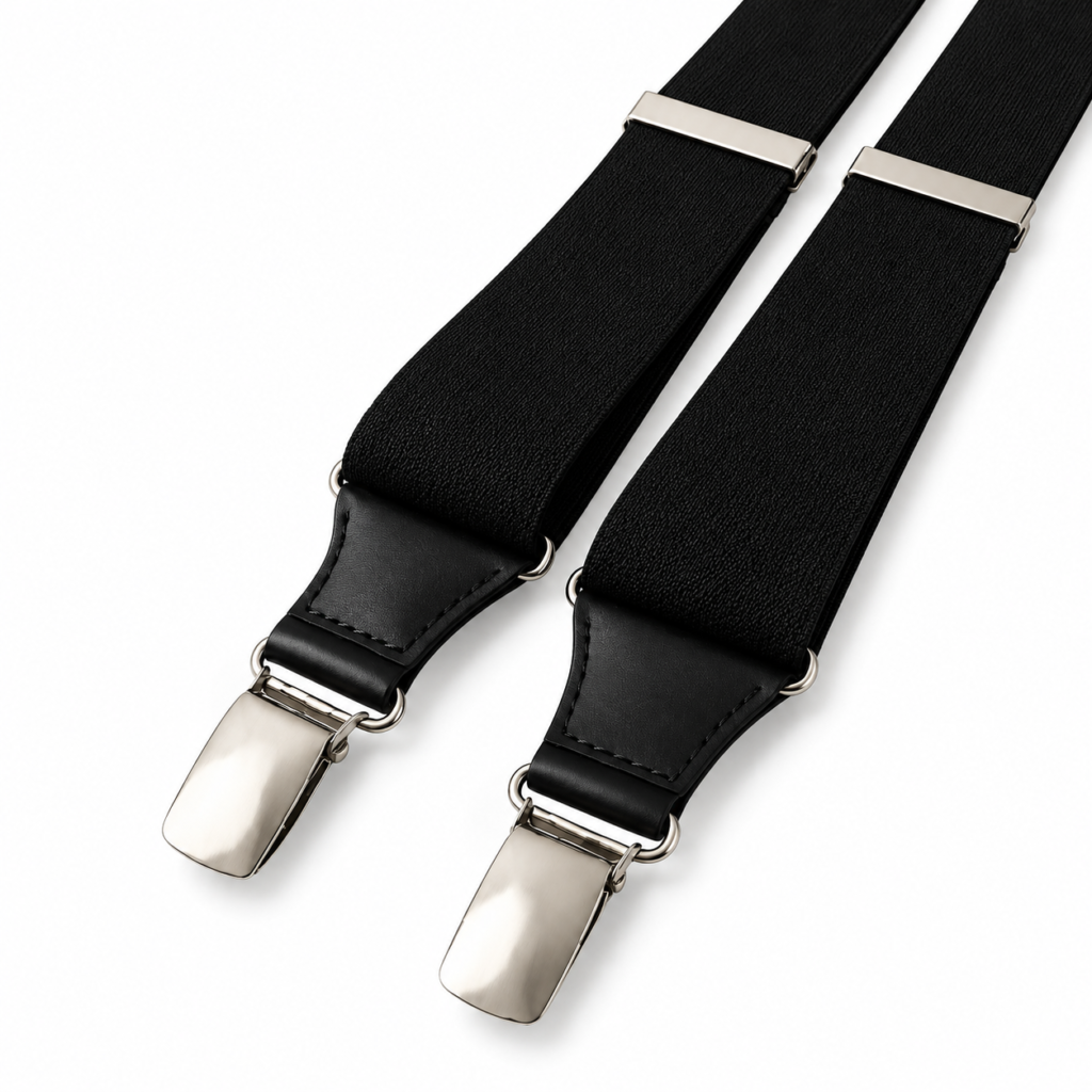 Tirantes negros para hombre con pinzas metálicas plateadas y terminaciones en piel natural negra, confeccionados artesanalmente por Pajaritas con Jota.