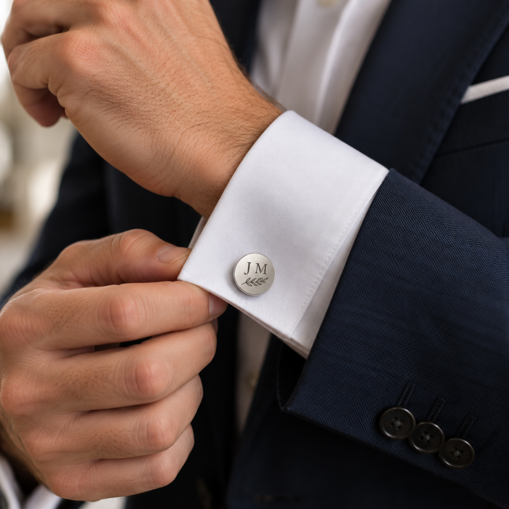 Gemelos personalizados para hombre de plata con iniciales grabadas en el puño de una camisa blanca, complemento elegante artesanal de Pajaritas con Jota con americana azul marino.