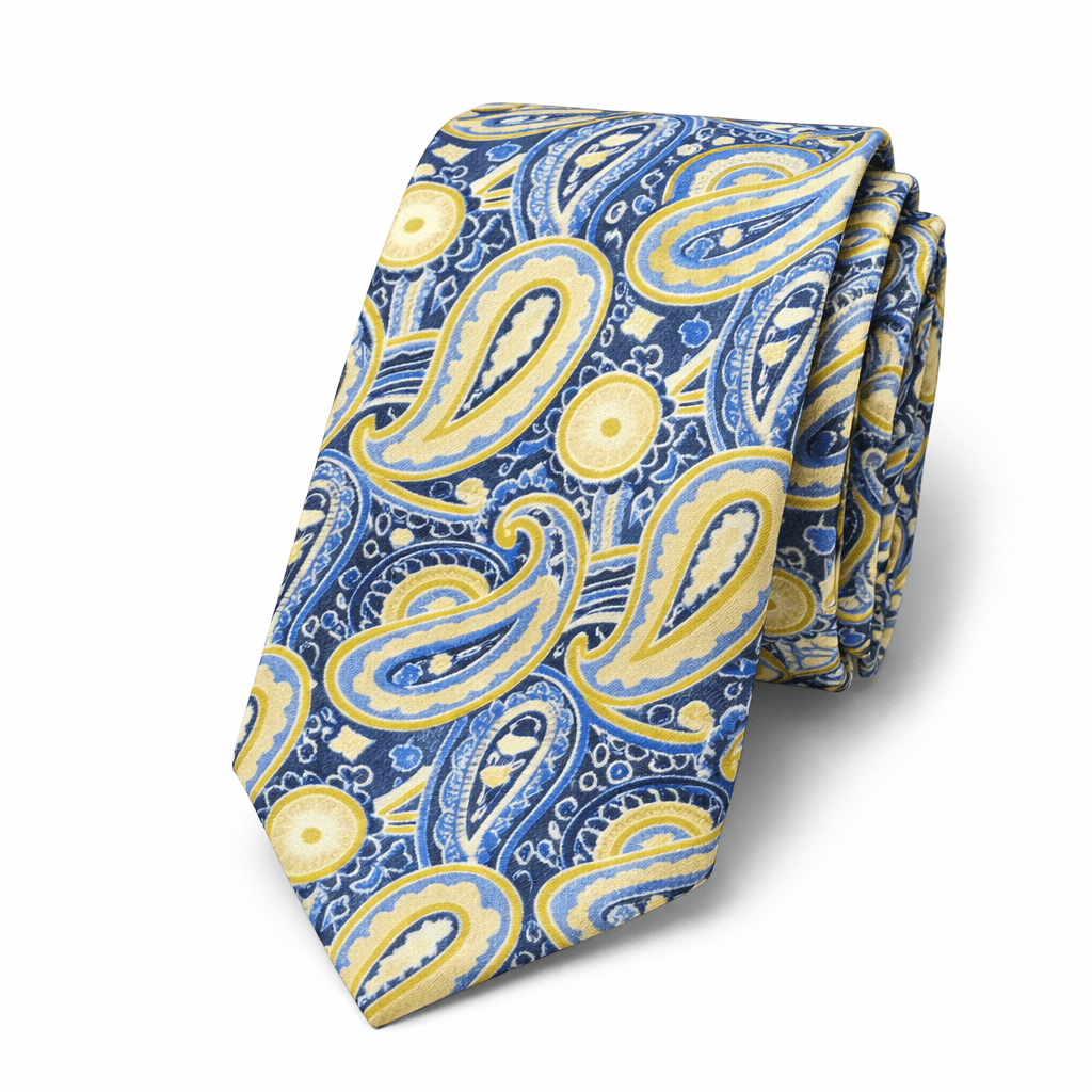 corbata cachemir amarillo algodón, corbata estampado azul amarillo, corbata hecha a mano cachemir, corbata para bodas elegante, corbata moderna algodón 100%
