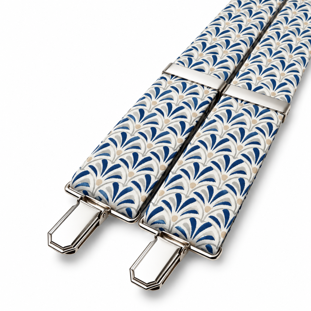 Tirantes geométricos Verona azul marino y beige para hombre con estampado de abanicos y pinzas metálicas