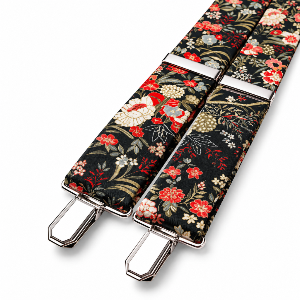 Tirantes florales Amapola rojos y negros para hombre con estampado de flores y pinzas metálicas