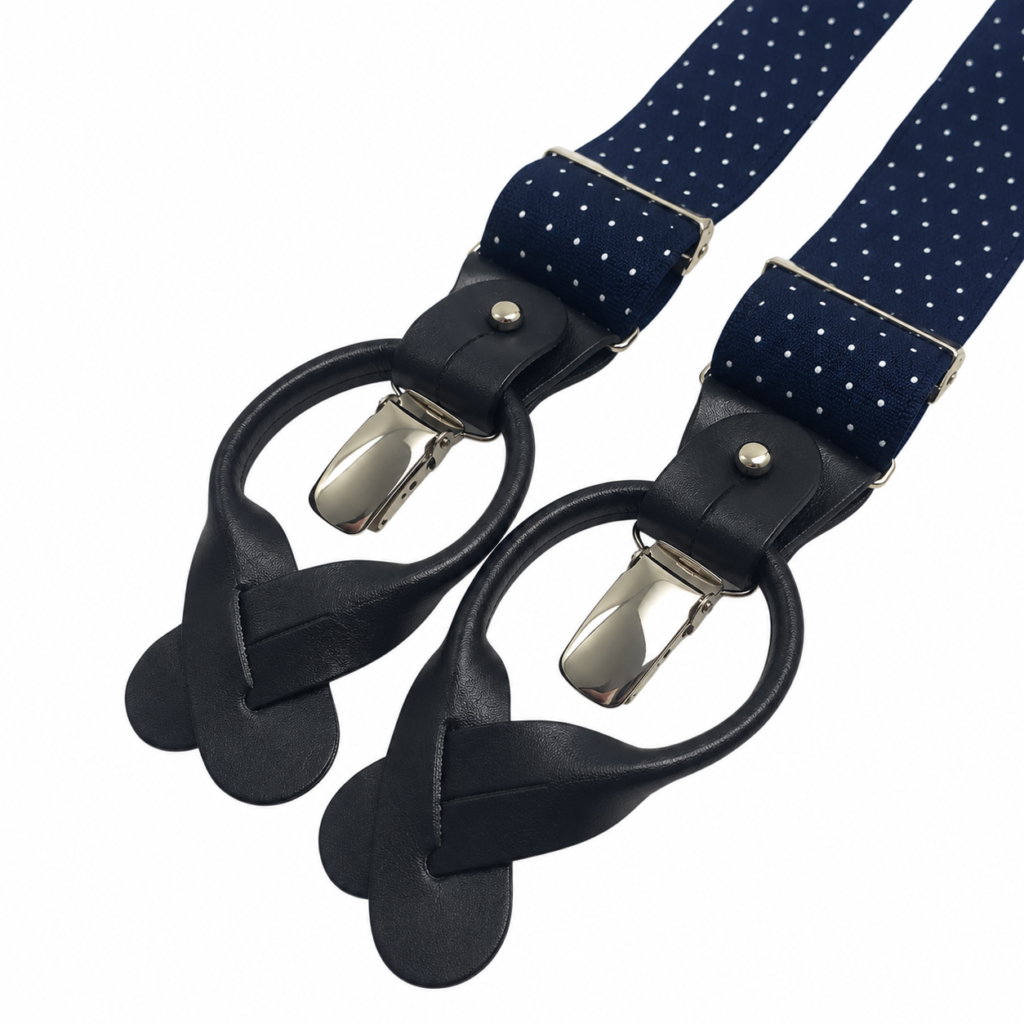 Tirantes de lunares azul marino para hombre con pinzas metálicas y ojales de piel azul, sistema doble uso artesanal