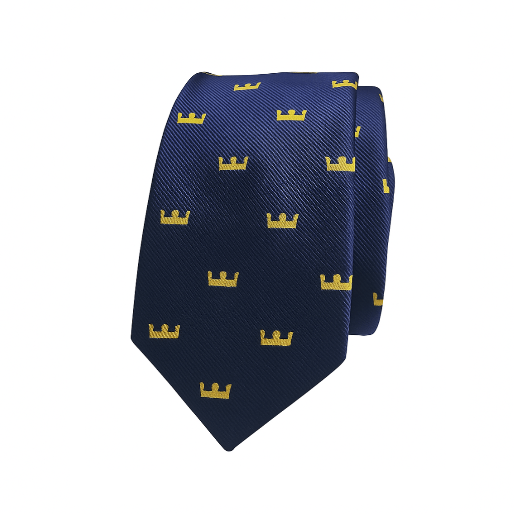 Corbata azul marino The King con coronas doradas bordadas Corbata elegante azul con estampado de coronas amarillas microbordadas Corbata artesanal The King azul y dorada para hombre