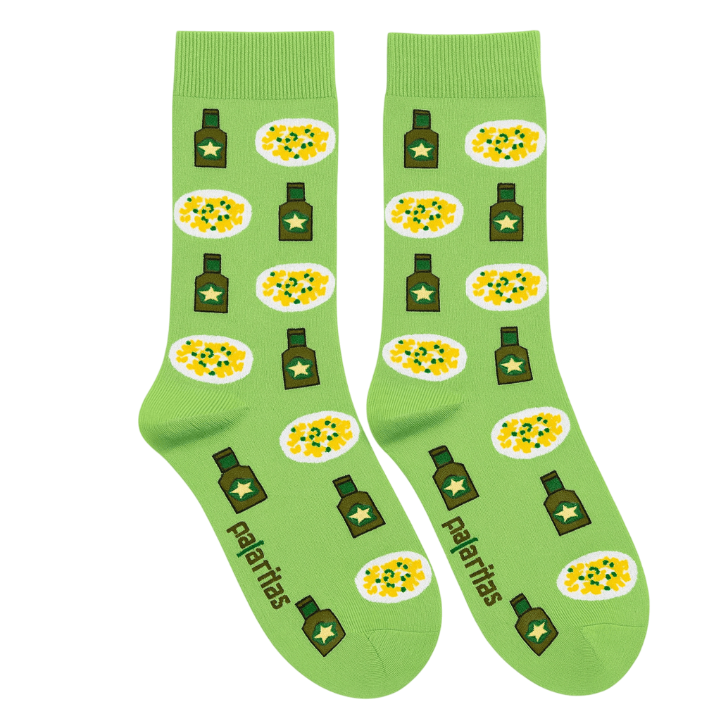 calcetines pataticas y olivas, calcetines tapa murciana, calcetines originales Murcia, calcetines verdes divertidos, calcetines con patatas y aceitunas, calcetines comida murciana, calcetines diseñados en España, calcetines fabricados en España, calcetines originales de regalo, calcetines con ilustraciones gastronómicas Inglés (secundario): Murcia appetizer socks, green foodie socks, potatoes and olives socks, Spanish made socks Italiano (secundario): calzini patatine e olive, calzini divertenti verdi, calzini made in Spain Francés (secundario): chaussettes tapas murciennes, chaussettes vertes originales, chaussettes pommes de terre et olives