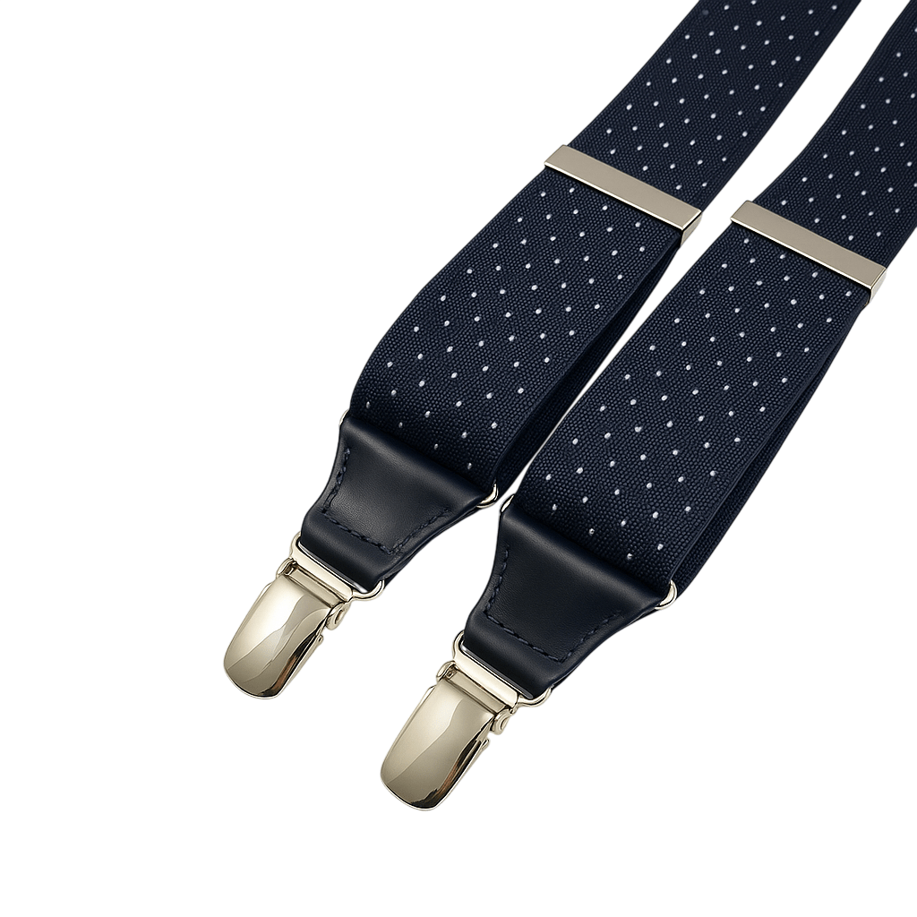 tirantes lunares azul marino tirantes con lunares blancos tirantes de piel azul tirantes elegantes para hombre tirantes clásicos azul marino tirantes premium artesanales accesorios de moda hombre tirantes con pinza metálica suspenders navy blue dots (EN) bretelle blu con pois (IT) bretelles bleu marine à pois blancs (FR) tirantes para traje tirantes de alta calidad tirantes azul marino vintage