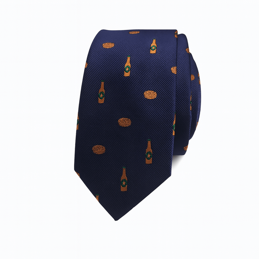 corbata azul marino pastel de carne corbata bordada botellines de quinto corbata original gastronómica corbata elegante azul microbordada corbata artesanal hecha a mano corbata divertida elegante hombre corbata diseño gourmet corbata azul con bordado comida Inglés: navy blue tie with embroidered beer bottle gourmet embroidered tie handmade navy blue tie Italiano: cravatta blu ricamata artigianale cravatta con bottiglia e motivo gastronomico Francés: cravate bleu marine brodée cravate artisanale élégante