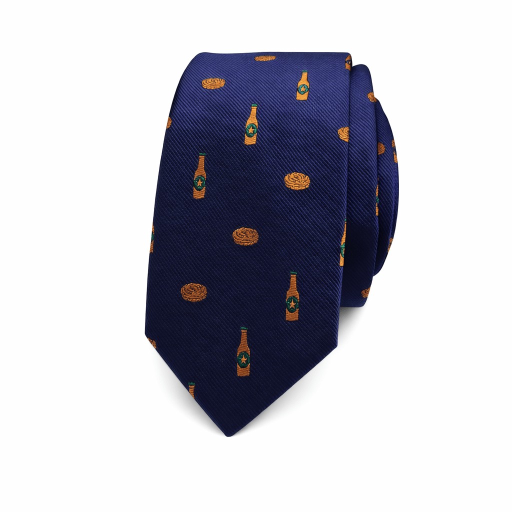 corbata azul marino pastel de carne corbata bordada botellines de quinto corbata original gastronómica corbata elegante azul microbordada corbata artesanal hecha a mano corbata divertida elegante hombre corbata diseño gourmet corbata azul con bordado comida Inglés: navy blue tie with embroidered beer bottle gourmet embroidered tie handmade navy blue tie Italiano: cravatta blu ricamata artigianale cravatta con bottiglia e motivo gastronomico Francés: cravate bleu marine brodée cravate artisanale élégante