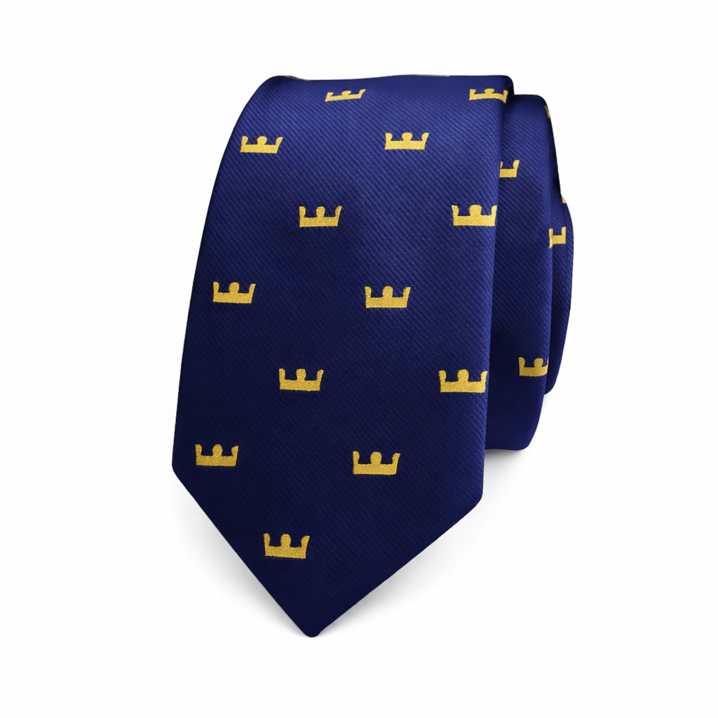Corbata azul marino The King con coronas doradas bordadas Corbata elegante azul con estampado de coronas amarillas microbordadas Corbata artesanal The King azul y dorada para hombre