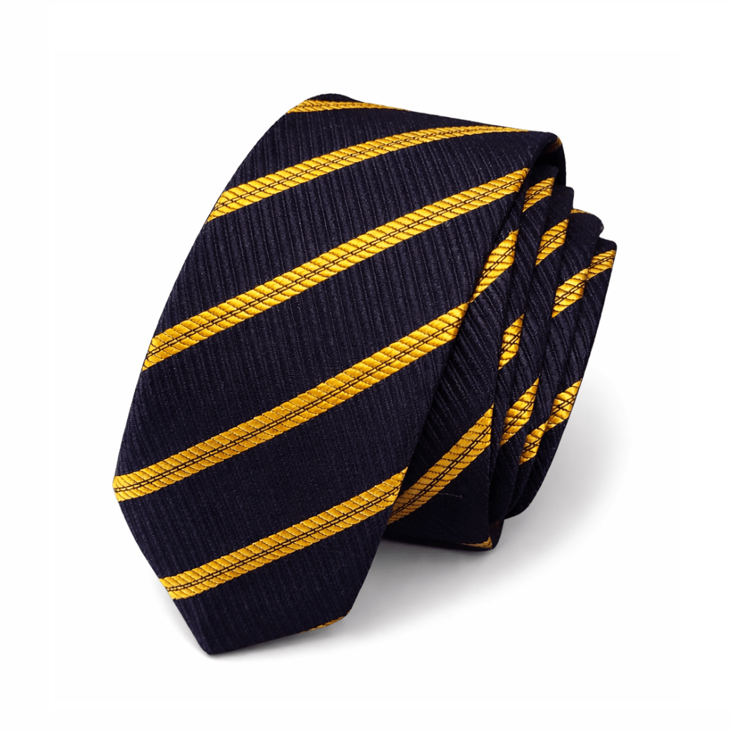 Corbata Duque azul marino con rayas doradas diagonales, corbata de seda italiana para hombre, corbata elegante slim 6 cm, corbata formal para boda y eventos, corbata clásica azul y oro, complemento masculino sofisticado, corbata artesanal hecha en España, accesorio premium traje azul marino, corbata distinguida profesional. 🇬🇧 English Duque navy blue tie with gold diagonal stripes, Italian silk tie for men, elegant slim tie 6 cm width, formal wedding tie, classic navy and gold necktie, sophisticated men’s accessory, handcrafted silk tie made in Spain, premium business tie, luxury striped tie for suit. 🇮🇹 Italiano Cravatta Duque blu navy con righe dorate diagonali, cravatta in seta italiana da uomo, cravatta elegante slim 6 cm, cravatta formale per matrimonio, cravatta classica blu e oro, accessorio maschile sofisticato, cravatta artigianale fatta in Spagna, cravatta premium da abito. 🇫🇷 Français Cravate Duque bleu marine avec rayures dorées diagonales, cravate en soie italienne pour homme, cravate élégante slim 6 cm, cravate formelle mariage, cravate classique bleu et or, accessoire masculin raffiné, cravate artisanale fabriquée en Espagne, cravate premium costume.