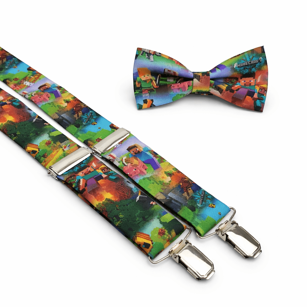 Pajarita y tirantes videojuego craft hechos a mano en España, conjunto de tirantes elásticos y pajarita gamer con estampado pixel estilo videojuego retro. Accesorios originales para hombre inspirados en mundos craft y estética gamer. Complemento divertido para bodas, eventos, cosplay o looks casual. Tirantes ajustables y pajarita artesanal de algodón con diseño colorido de videojuego. English Video game craft bow tie and suspenders handmade in Spain, colorful gamer accessory set with elastic suspenders and pixel video game design. Retro gaming inspired bow tie and suspenders for men. Perfect for weddings, parties, cosplay, gaming events or casual outfits. Unique handmade cotton bow tie and adjustable suspenders with colorful pixel craft world pattern. Italiano Papillon e bretelle videogioco craft fatti a mano in Spagna, set originale con bretelle elastiche e papillon stile gamer con stampa pixel ispirata ai videogiochi retro. Accessorio moda per uomo perfetto per matrimoni, feste, cosplay ed eventi gaming. Bretelle regolabili e papillon artigianale in cotone con design colorato universo craft. Français Nœud papillon et bretelles jeu vidéo craft fabriqués à la main en Espagne. Ensemble original avec bretelles élastiques et nœud papillon gamer au motif pixel inspiré des jeux vidéo rétro. Accessoire pour homme idéal pour mariage, fêtes, cosplay et événements gaming. Bretelles réglables et nœud papillon en coton avec design coloré univers craft.