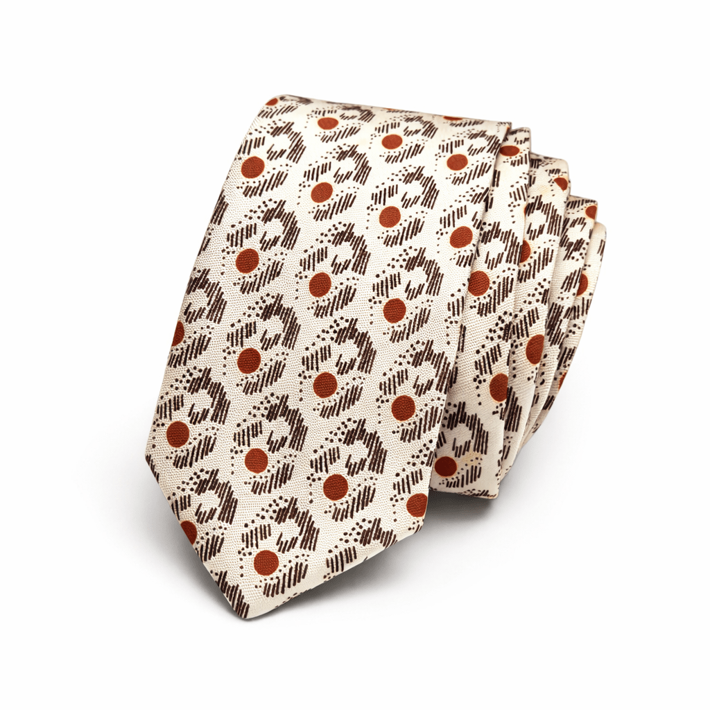 Corbata de seda italiana Siena terracota con diseño geométrico marrón sobre fondo crema. Corbata elegante para hombre ideal para bodas, eventos y trajes formales. Corbata premium de seda con patrón moderno y estilo clásico. Accesorio masculino elegante, corbata de lujo hecha con seda italiana, perfecta para traje azul marino, gris o beige. English Italian silk tie Siena terracotta with geometric brown pattern on cream background. Elegant men's tie perfect for weddings, business suits and formal events. Premium silk necktie with modern geometric design and classic style. Luxury men's accessory made from Italian silk, ideal for navy suit, grey suit or beige suit outfit. Italiano Cravatta in seta italiana Siena terracotta con motivo geometrico marrone su fondo crema. Cravatta elegante da uomo ideale per matrimoni, eventi formali e abiti eleganti. Cravatta premium in seta con design moderno e stile classico. Accessorio maschile di lusso perfetto con abito blu, grigio o beige. Français Cravate en soie italienne Siena terracotta avec motif géométrique marron sur fond crème. Cravate élégante pour homme idéale pour mariages, événements et costumes formels. Cravate premium en soie avec design moderne et style classique. Accessoire masculin de luxe parfait avec costume bleu marine, gris ou beige.