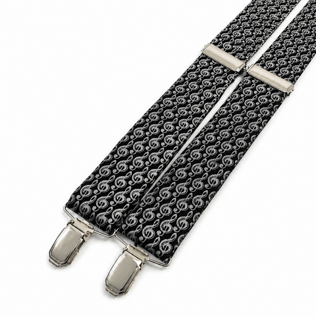 Tirantes Notas Musicales artesanales para hombre fabricados a mano en España con algodón 100% premium. Elegantes tirantes negros con estampado de claves de sol y notas musicales en color blanco y gris plateado. Complemento perfecto para bodas, novios, invitados, comuniones, bautizos, conciertos, músicos, graduaciones y eventos especiales. Tirantes en forma de Y con espalda elástica, pinzas metálicas reforzadas, reguladores metálicos y pieza central de piel natural. Ancho de 35 mm y fabricación artesanal en nuestro taller de Murcia. Ideales para combinar con trajes negros, grises, azul marino o esmoquin y camisas blancas, negras o azul claro. Regalo original para hombre con diseño exclusivo inspirado en la música y elaborado con materiales de máxima calidad. ALT SEO (English) +100 words Handmade Musical Notes Suspenders for men crafted in Spain using premium 100% cotton. Elegant black suspenders featuring an exclusive white and silver treble clef and musical notes pattern. Perfect men's accessory for weddings, grooms, groomsmen, guests, baptisms, communions, concerts, musicians, business events and formal occasions. These Y-back suspenders include elastic back straps, genuine leather back connector, heavy-duty metal clips and adjustable metal sliders for maximum comfort. Width 35 mm. Carefully handmade in our artisan workshop in Murcia, Spain. They pair beautifully with black, navy blue, grey and beige suits together with white, light blue or black shirts. An original luxury gift for music lovers looking for elegant handmade accessories. ALT SEO (Français) +100 mots Bretelles Notes Musicales artisanales pour homme fabriquées à la main en Espagne avec un coton 100 % premium. Élégantes bretelles noires décorées de clés de sol et de notes musicales blanches et gris argenté offrant un style raffiné et original. Accessoire idéal pour mariage, marié, invités, communion, baptême, cérémonie, concert, musiciens et événements élégants. Modèle en forme de Y avec dos élastique, pinces métalliques renforcées, réglages métalliques et pièce centrale en cuir véritable. Largeur de 35 mm. Fabrication artisanale dans notre atelier de Murcie avec une grande attention aux finitions. Elles s'associent parfaitement avec un costume noir, bleu marine, gris ou beige ainsi qu'avec une chemise blanche, noire ou bleu clair. Une excellente idée cadeau pour homme passionné de musique. ALT SEO (Italiano) +100 parole Bretelle Note Musicali artigianali da uomo realizzate a mano in Spagna con cotone 100% premium. Eleganti bretelle nere con esclusiva fantasia composta da chiavi di violino e note musicali nei colori bianco e grigio argento. Accessorio perfetto per matrimoni, sposi, invitati, comunioni, battesimi, concerti, musicisti, cerimonie ed eventi eleganti. Modello a Y con parte posteriore elastica, clip metalliche rinforzate, regolatori metallici e inserto centrale in vera pelle. Larghezza professionale di 35 mm. Ogni paio viene confezionato artigianalmente nel nostro laboratorio di Murcia utilizzando materiali di alta qualità. Si abbina perfettamente ad abiti neri, blu navy, grigi, beige e a camicie bianche, nere o azzurro chiaro. Un regalo originale e raffinato per ogni uomo amante della musica.