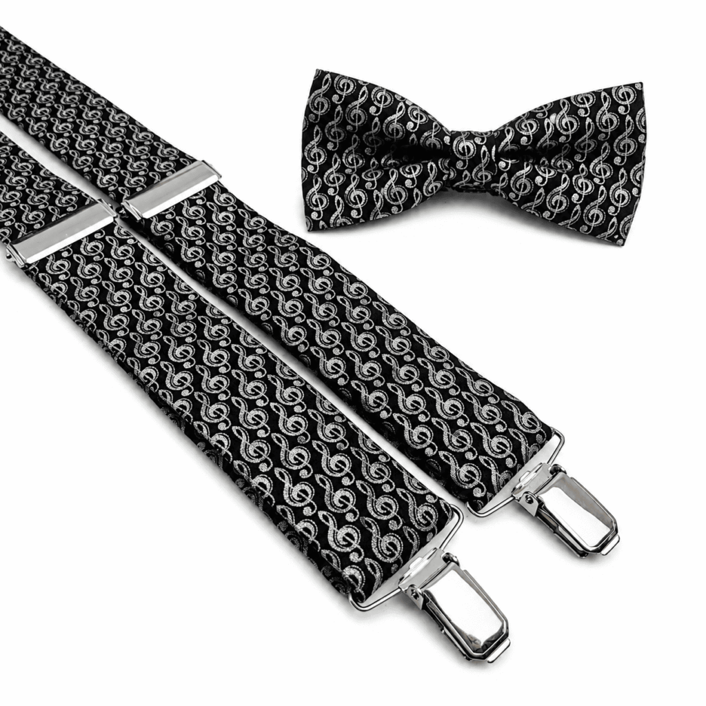 Pajarita y Tirantes Notas Musicales artesanales para hombre fabricados completamente a mano en España por Pajaritas con Jota. Elegante conjunto confeccionado en algodón 100% premium con estampado de claves de sol plateadas sobre fondo negro. Pack formado por pajarita ajustable y tirantes de tela en forma de Y con clips metálicos reforzados, reguladores metálicos y pieza central de piel natural. Ideal para bodas, novios, invitados, comuniones, bautizos, graduaciones, conciertos, profesores de música, orquestas y eventos elegantes. Complemento original para regalar en cumpleaños, Navidad o Día del Padre. Fabricado artesanalmente en nuestro taller de Murcia con materiales de alta calidad y acabados exclusivos. ALT SEO (English) (+100 words) Handmade Musical Notes Bow Tie and Suspenders Set for men, carefully crafted in Spain by Pajaritas con Jota. This elegant men's accessory is made from premium 100% cotton fabric featuring an exclusive silver treble clef pattern on a sophisticated black background. The set includes an adjustable bow tie and Y-back fabric suspenders with reinforced metal clips, adjustable metal sliders and a genuine leather back connector. Perfect for weddings, grooms, groomsmen, guests, baptisms, communions, concerts, orchestras, musicians and formal occasions. A unique handmade gift for birthdays, Christmas or Father's Day. Designed and handcrafted in our artisan workshop in Murcia, Spain. Texte ALT SEO (Français) (+100 mots) Ensemble nœud papillon et bretelles Notes Musicales fabriqué entièrement à la main en Espagne par Pajaritas con Jota. Cet élégant accessoire pour homme est réalisé en coton 100 % premium avec un magnifique motif de clés de sol argentées sur un fond noir raffiné. Le coffret comprend un nœud papillon réglable ainsi que des bretelles en tissu en forme de Y équipées de solides pinces métalliques, de réglages métalliques et d'une pièce centrale en cuir naturel. Idéal pour les mariages, les mariés, les invités, les baptêmes, les communions, les concerts, les orchestres et les événements élégants. Cadeau original et artisanal fabriqué dans notre atelier de Murcie avec des matériaux de grande qualité. Testo ALT SEO (Italiano) (+100 parole) Set Papillon e Bretelle Note Musicali realizzato completamente a mano in Spagna da Pajaritas con Jota. Elegante accessorio da uomo confezionato in cotone 100% premium con raffinata fantasia di chiavi di violino color argento su sfondo nero. Il set comprende un papillon regolabile e bretelle in tessuto modello a Y con clip metalliche rinforzate, regolatori in metallo e inserto centrale in vera pelle. Ideale per matrimoni, sposi, invitati, comunioni, battesimi, concerti, orchestre, musicisti ed eventi eleganti. Ottima idea regalo per compleanni, Natale e Festa del Papà. Prodotto artigianale realizzato nel nostro laboratorio di Murcia con materiali di alta qualità e finiture curate.