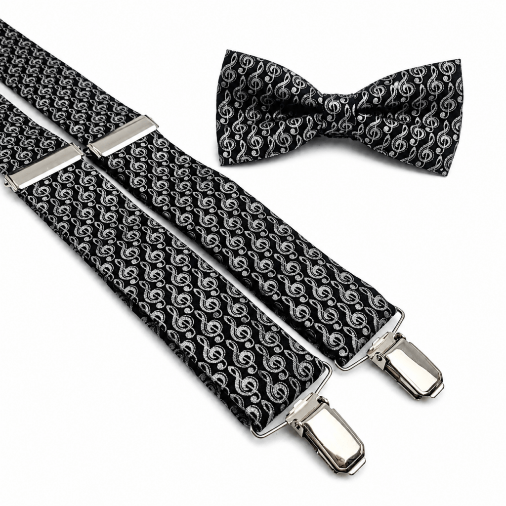 Pajarita y Tirantes Notas Musicales artesanales para hombre fabricados completamente a mano en España por Pajaritas con Jota. Elegante conjunto confeccionado en algodón 100% premium con estampado de claves de sol plateadas sobre fondo negro. Pack formado por pajarita ajustable y tirantes de tela en forma de Y con clips metálicos reforzados, reguladores metálicos y pieza central de piel natural. Ideal para bodas, novios, invitados, comuniones, bautizos, graduaciones, conciertos, profesores de música, orquestas y eventos elegantes. Complemento original para regalar en cumpleaños, Navidad o Día del Padre. Fabricado artesanalmente en nuestro taller de Murcia con materiales de alta calidad y acabados exclusivos. ALT SEO (English) (+100 words) Handmade Musical Notes Bow Tie and Suspenders Set for men, carefully crafted in Spain by Pajaritas con Jota. This elegant men's accessory is made from premium 100% cotton fabric featuring an exclusive silver treble clef pattern on a sophisticated black background. The set includes an adjustable bow tie and Y-back fabric suspenders with reinforced metal clips, adjustable metal sliders and a genuine leather back connector. Perfect for weddings, grooms, groomsmen, guests, baptisms, communions, concerts, orchestras, musicians and formal occasions. A unique handmade gift for birthdays, Christmas or Father's Day. Designed and handcrafted in our artisan workshop in Murcia, Spain. Texte ALT SEO (Français) (+100 mots) Ensemble nœud papillon et bretelles Notes Musicales fabriqué entièrement à la main en Espagne par Pajaritas con Jota. Cet élégant accessoire pour homme est réalisé en coton 100 % premium avec un magnifique motif de clés de sol argentées sur un fond noir raffiné. Le coffret comprend un nœud papillon réglable ainsi que des bretelles en tissu en forme de Y équipées de solides pinces métalliques, de réglages métalliques et d'une pièce centrale en cuir naturel. Idéal pour les mariages, les mariés, les invités, les baptêmes, les communions, les concerts, les orchestres et les événements élégants. Cadeau original et artisanal fabriqué dans notre atelier de Murcie avec des matériaux de grande qualité. Testo ALT SEO (Italiano) (+100 parole) Set Papillon e Bretelle Note Musicali realizzato completamente a mano in Spagna da Pajaritas con Jota. Elegante accessorio da uomo confezionato in cotone 100% premium con raffinata fantasia di chiavi di violino color argento su sfondo nero. Il set comprende un papillon regolabile e bretelle in tessuto modello a Y con clip metalliche rinforzate, regolatori in metallo e inserto centrale in vera pelle. Ideale per matrimoni, sposi, invitati, comunioni, battesimi, concerti, orchestre, musicisti ed eventi eleganti. Ottima idea regalo per compleanni, Natale e Festa del Papà. Prodotto artigianale realizzato nel nostro laboratorio di Murcia con materiali di alta qualità e finiture curate.