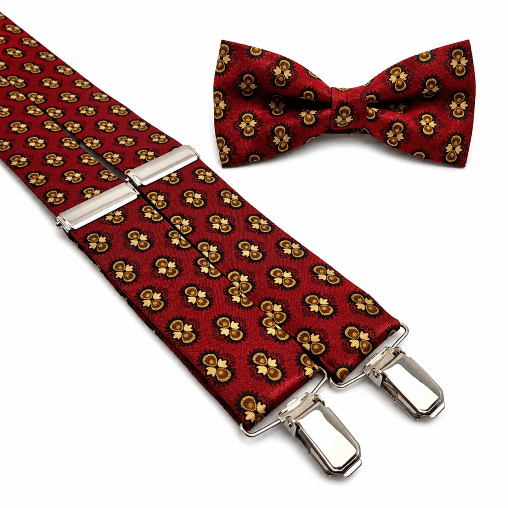 Pajarita y tirantes Medallón Burdeos artesanales para hombre fabricados completamente a mano en España con algodón 100% premium. Elegante conjunto compuesto por una pajarita ajustable y unos tirantes de tela en forma de Y con un refinado estampado de pequeños medallones clásicos sobre fondo burdeos en tonos dorado, beige, marrón y negro. Ideal para bodas, novios, invitados, comuniones, bautizos, graduaciones, eventos, celebraciones y fiestas elegantes. Los tirantes incorporan clips metálicos reforzados, reguladores metálicos y unión central en piel natural. Complemento exclusivo de fabricación artesanal en Murcia, perfecto para regalar, sorprender y completar cualquier traje con un estilo distinguido, clásico y sofisticado. ALT SEO English (+100 words) Handmade Medallion Burgundy bow tie and suspenders set for men, crafted in Spain using premium 100% cotton. This elegant men's accessory features a sophisticated burgundy fabric decorated with classic ornamental medallions in gold, beige, brown and black, creating a timeless and refined look. The adjustable bow tie matches premium Y-back fabric suspenders with reinforced metal clips, adjustable sliders and genuine leather back connector. Perfect for weddings, grooms, groomsmen, formal events, business meetings, ceremonies, parties and elegant celebrations. Carefully handmade in our artisan workshop, this exclusive men's fashion accessory combines traditional craftsmanship, premium materials and modern elegance, making it an ideal gift for stylish gentlemen. ALT SEO Français (+100 mots) Ensemble nœud papillon et bretelles Medallón Burdeos fabriqué artisanalement en Espagne avec du coton 100 % premium. Ce magnifique accessoire pour homme présente un élégant tissu bordeaux décoré de petits médaillons classiques dans des tons dorés, beiges, marron et noirs. Le nœud papillon réglable est assorti à des bretelles en tissu en forme de Y équipées de pinces métalliques renforcées, de réglages métalliques et d'une pièce centrale en cuir naturel. Idéal pour les mariages, les cérémonies, les communions, les baptêmes, les invités, les événements professionnels et les célébrations élégantes. Un accessoire haut de gamme entièrement fabriqué à la main dans notre atelier artisanal en Espagne. ALT SEO Italiano (+100 parole) Set artigianale di papillon e bretelle Medallón Burdeos realizzato a mano in Spagna con cotone 100% premium. Questo raffinato accessorio da uomo presenta un elegante tessuto bordeaux decorato con piccoli medaglioni ornamentali nei colori oro, beige, marrone e nero, offrendo uno stile classico e senza tempo. Il papillon regolabile è abbinato a bretelle in tessuto modello Y con clip metalliche rinforzate, regolatori metallici e inserto centrale in vera pelle. Ideale per matrimoni, sposi, invitati, comunioni, battesimi, eventi eleganti, cerimonie e feste. Ogni pezzo è realizzato artigianalmente nel nostro laboratorio di Murcia, garantendo qualità, comfort, eleganza e autentica produzione artigianale spagnola.