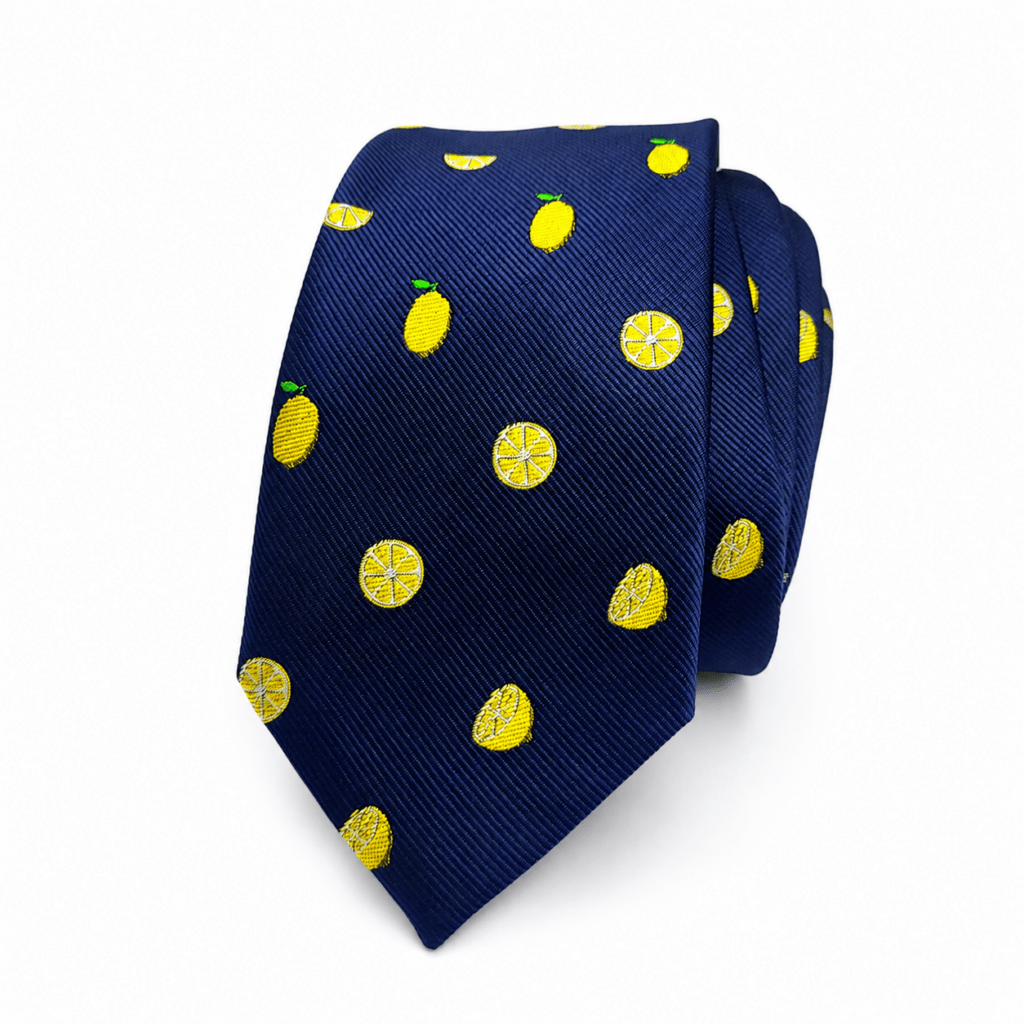 Corbata limones azul marino Corbata de limones microbordados Corbata azul con estampado amarillo Corbatas originales para hombre Corbata elegante de algodón y poliéster Corbata para eventos y trabajo Accesorios para bodas hombre