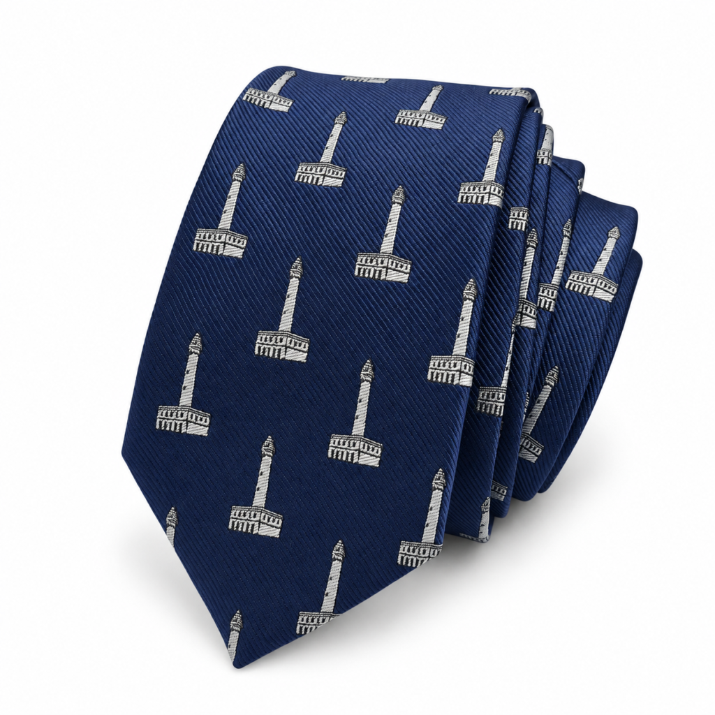 Corbata Faro artesanal para hombre en color azul marino intenso con un elegante estampado repetido de pequeños faros en tonos gris plata y blanco. La imagen muestra la corbata cuidadosamente doblada sobre un fondo blanco, permitiendo apreciar con claridad la textura del tejido, la profundidad del azul y los detalles del diseño marinero. Esta corbata original está fabricada a mano en nuestro taller artesanal y es perfecta para combinar con traje azul marino, gris, negro, beige, camel, burdeos o verde botella y camisas blancas, azul celeste, marfil o gris claro. Corbata elegante para bodas, novios, padrinos, testigos, invitados, comuniones, bautizos, graduaciones, eventos, ceremonias y celebraciones. También es una excelente idea de regalo para hombres amantes del mar, los faros, la navegación y los complementos artesanales originales. ALT TEXT IN ENGLISH Handmade Faro tie for men in an elegant deep navy blue colour featuring a repeated pattern of small lighthouse motifs in light silver grey and white tones. The image shows the tie carefully folded against a clean white background, highlighting the woven texture, rich navy colour and detailed maritime lighthouse design. This original men's tie is handmade in our artisan workshop and is ideal for pairing with navy blue, grey, black, beige, camel, burgundy or dark green suits together with white, light blue, ivory or pale grey shirts. An elegant tie for weddings, grooms, best men, wedding guests, communions, baptisms, graduations, ceremonies, business events and special celebrations. The lighthouse pattern also makes this navy tie an original gift idea for men who love the sea, sailing, coastal landscapes, lighthouses and distinctive handmade fashion accessories. TEXTE ALT EN FRANÇAIS Cravate Faro artisanale pour homme de couleur bleu marine intense avec un élégant motif répétitif composé de petits phares dans des tons gris argenté et blanc. La photo présente la cravate soigneusement pliée sur un fond blanc afin de mettre en valeur la texture du tissu, la profondeur du bleu marine et les détails du dessin inspiré de l'univers maritime. Cette cravate originale pour homme est fabriquée à la main dans notre atelier artisanal et s'associe parfaitement avec un costume bleu marine, gris, noir, beige, camel, bordeaux ou vert foncé ainsi qu'avec une chemise blanche, bleu ciel, ivoire ou gris clair. Cravate élégante idéale pour mariage, marié, témoin, invité, communion, baptême, cérémonie, remise de diplôme ou événement professionnel. Elle constitue également une excellente idée cadeau pour les amateurs de mer, de navigation, de phares et d'accessoires artisanaux originaux. TESTO ALT IN ITALIANO Cravatta Faro artigianale da uomo di colore blu navy intenso con un elegante motivo ripetuto formato da piccoli fari nelle tonalità grigio argento e bianco. L'immagine mostra la cravatta accuratamente piegata su uno sfondo bianco, permettendo di osservare chiaramente la texture del tessuto, la profondità del colore blu e i dettagli del disegno ispirato al mondo marittimo. Questa cravatta originale da uomo è realizzata a mano nel nostro laboratorio artigianale ed è perfetta con abiti blu navy, grigi, neri, beige, cammello, bordeaux o verde scuro e con camicie bianche, azzurro chiaro, avorio o grigio perla. Cravatta elegante ideale per matrimoni, sposi, testimoni, invitati, comunioni, battesimi, lauree, cerimonie ed eventi professionali. È anche una bellissima idea regalo per uomini appassionati di mare, navigazione, fari e accessori artigianali originali.