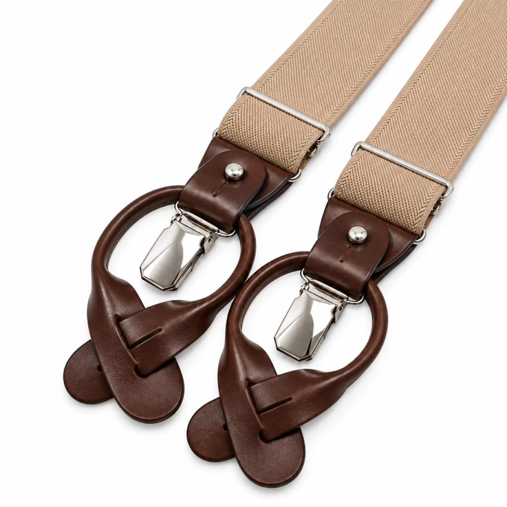 Tirantes beige de doble uso con terminaciones de piel natural marrón, pinzas metálicas plateadas y correas para botones de Pajaritas con Jota.