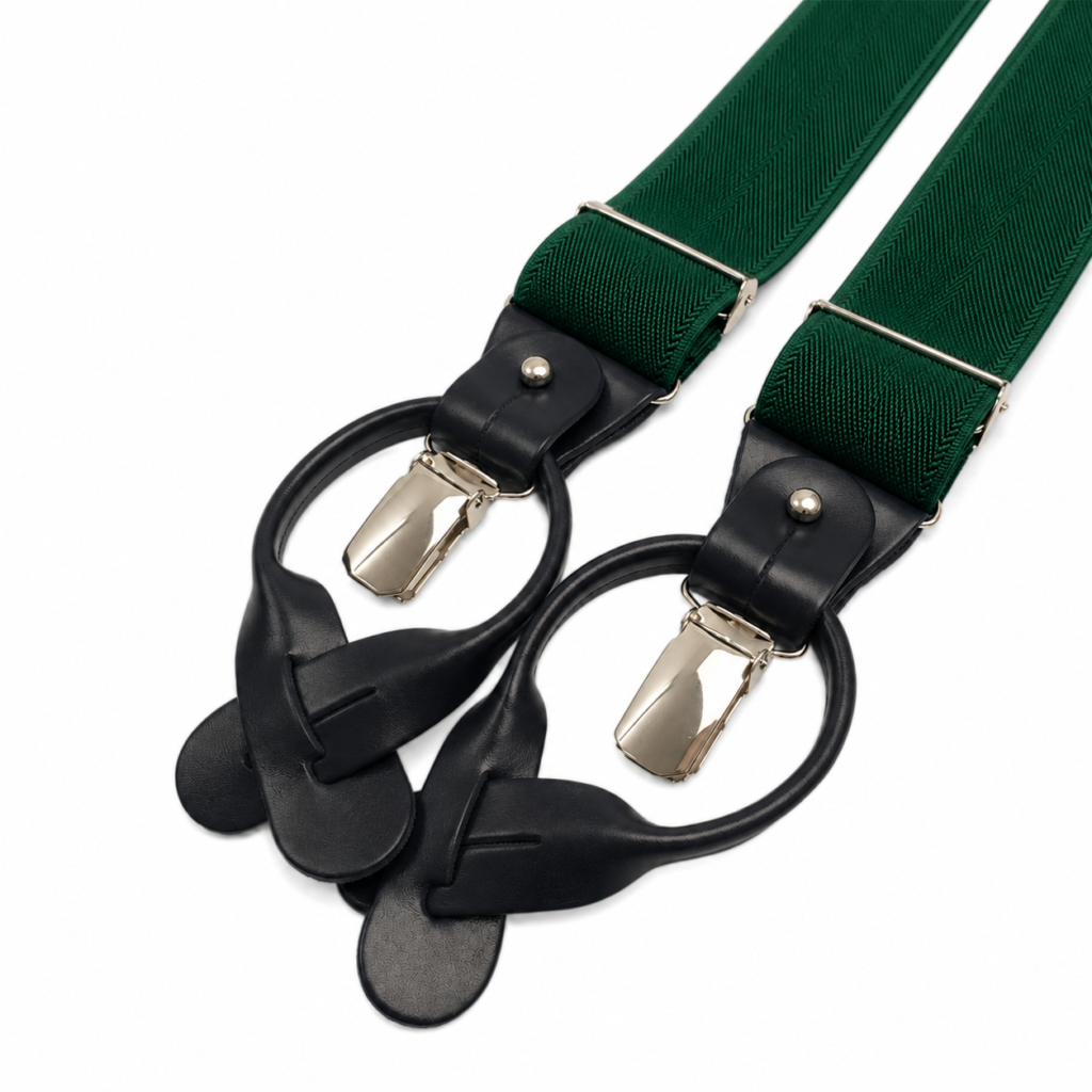 Tirantes verde oscuro de doble uso con terminaciones de piel natural negra, pinzas metálicas plateadas y correas para botones de Pajaritas con Jota.