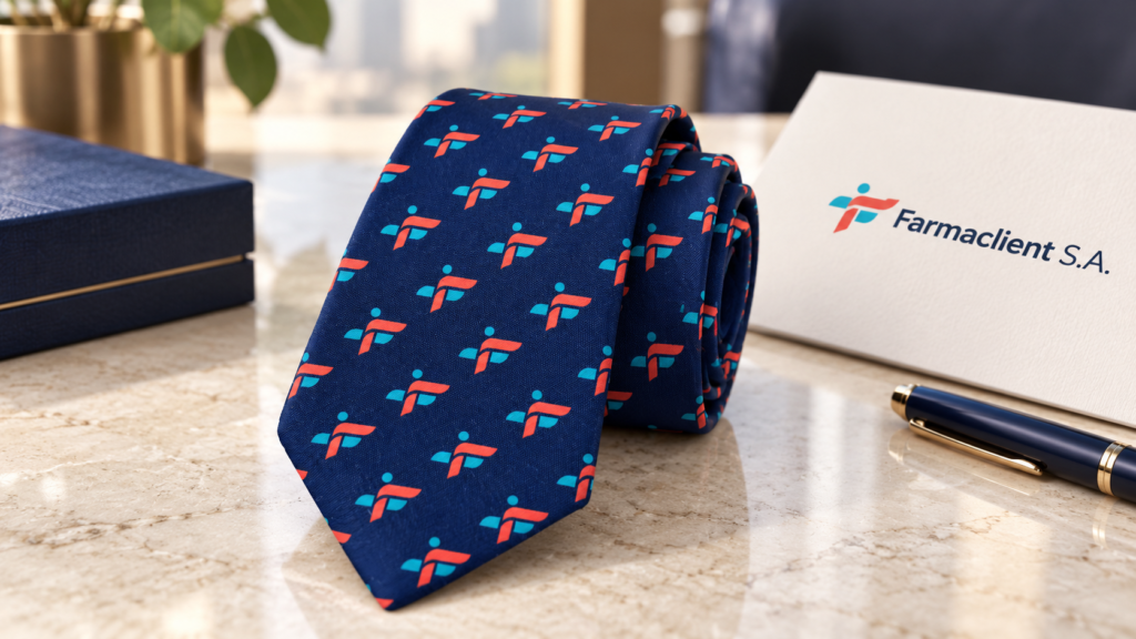 Corbata corporativa azul marino con logotipo coral y turquesa de Farmaclient S.A., diseñada por Pajaritas con Jota en Murcia para empresa de Jerez de la Frontera.