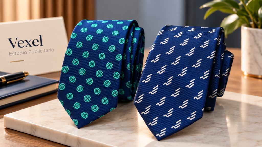 Dos corbatas corporativas azul marino con motivos turquesa y blancos confeccionadas por Pajaritas con Jota para Vexel Estudio Publicitario de Cádiz.