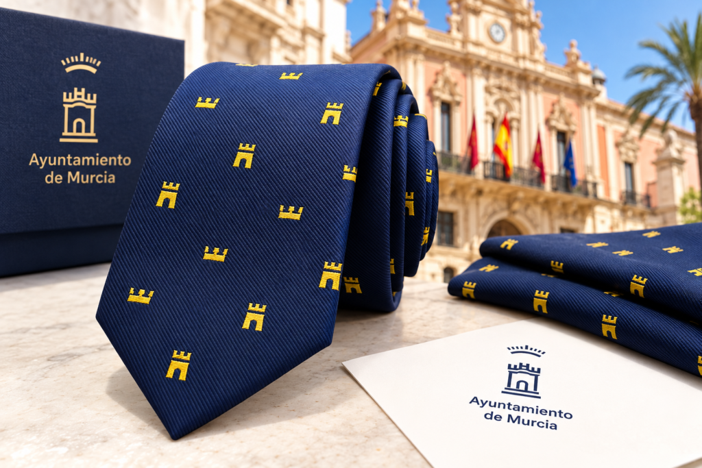 Corbata azul marino personalizada con castillos amarillos confeccionada artesanalmente por Pajaritas con Jota para el Ayuntamiento de Murcia.