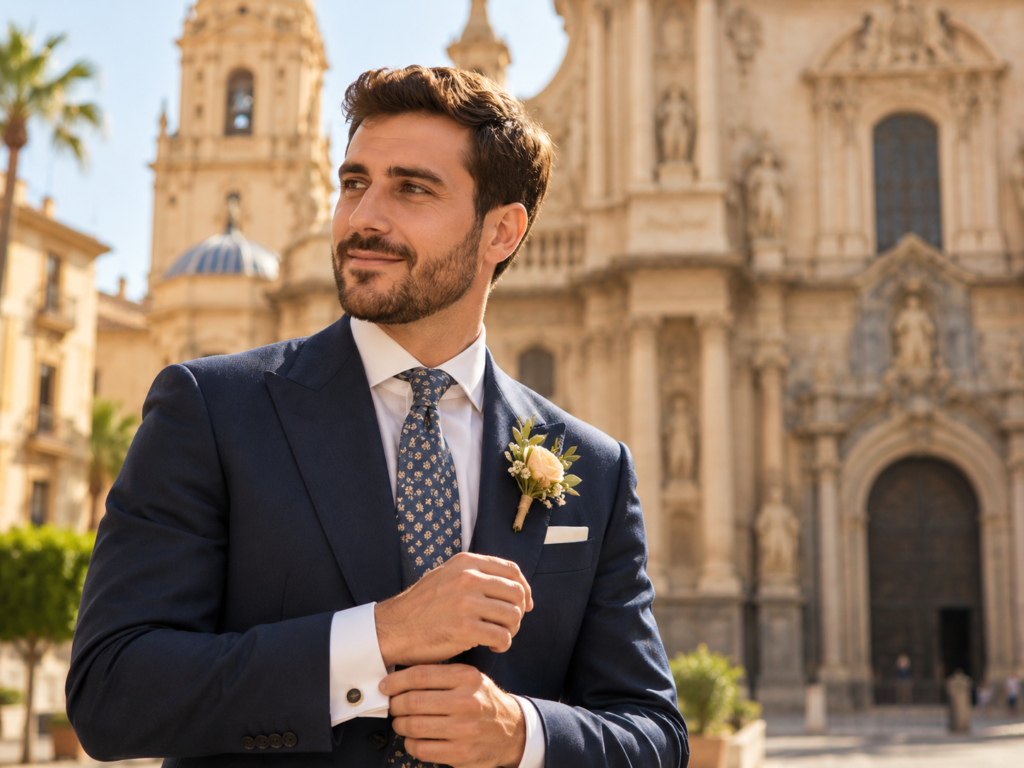 Novio elegante con traje azul marino, corbata artesanal y gemelos frente a la Catedral de Murcia, complementos para bodas y novios 2027 de Pajaritas con Jota.