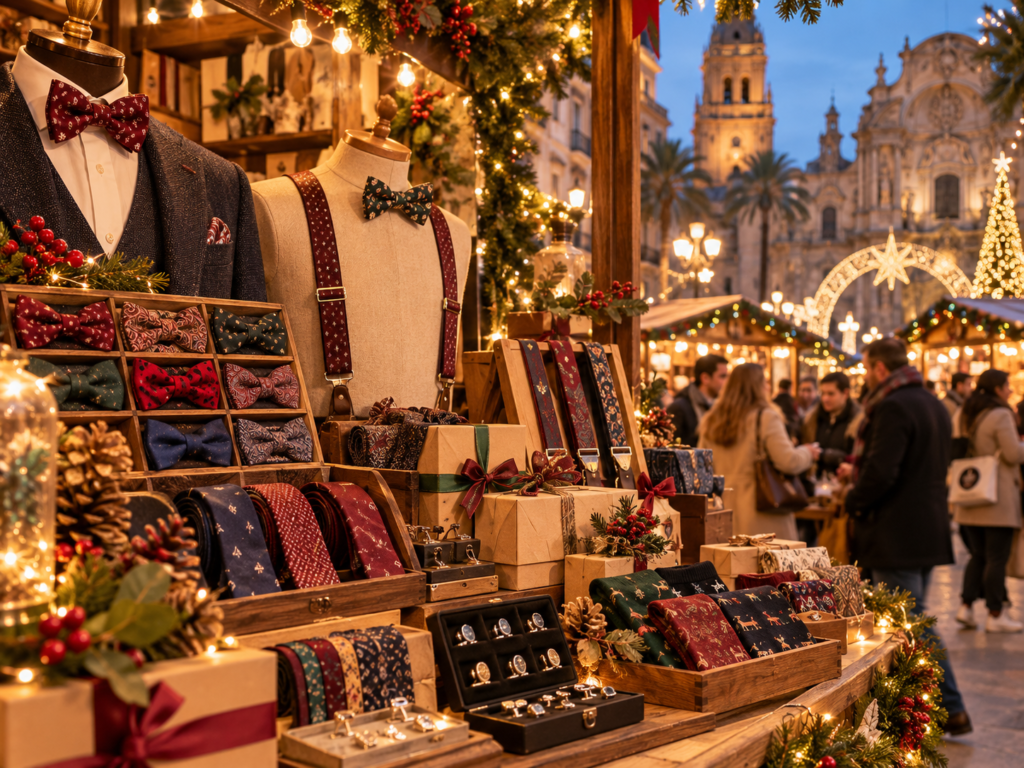 Regalos de Navidad para hombre en Murcia con pajaritas, corbatas, tirantes, gemelos y accesorios artesanales de Pajaritas con Jota en mercado navideño.